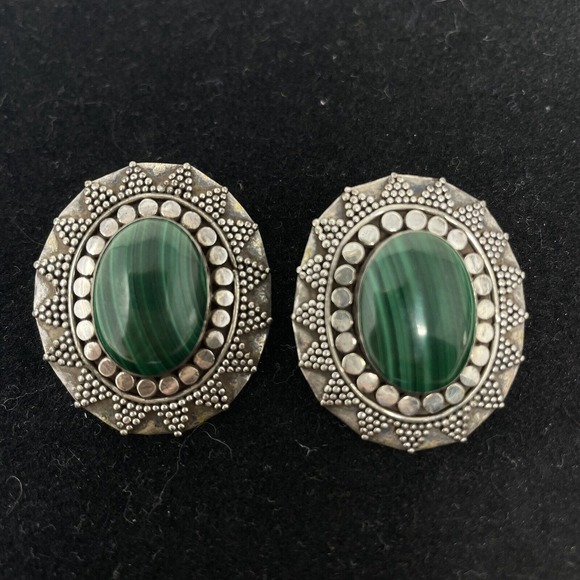 Vintage Estate Jewelry Sterling‎ Silver Malachite Post Earrings Western Country - Picture 1 of 5